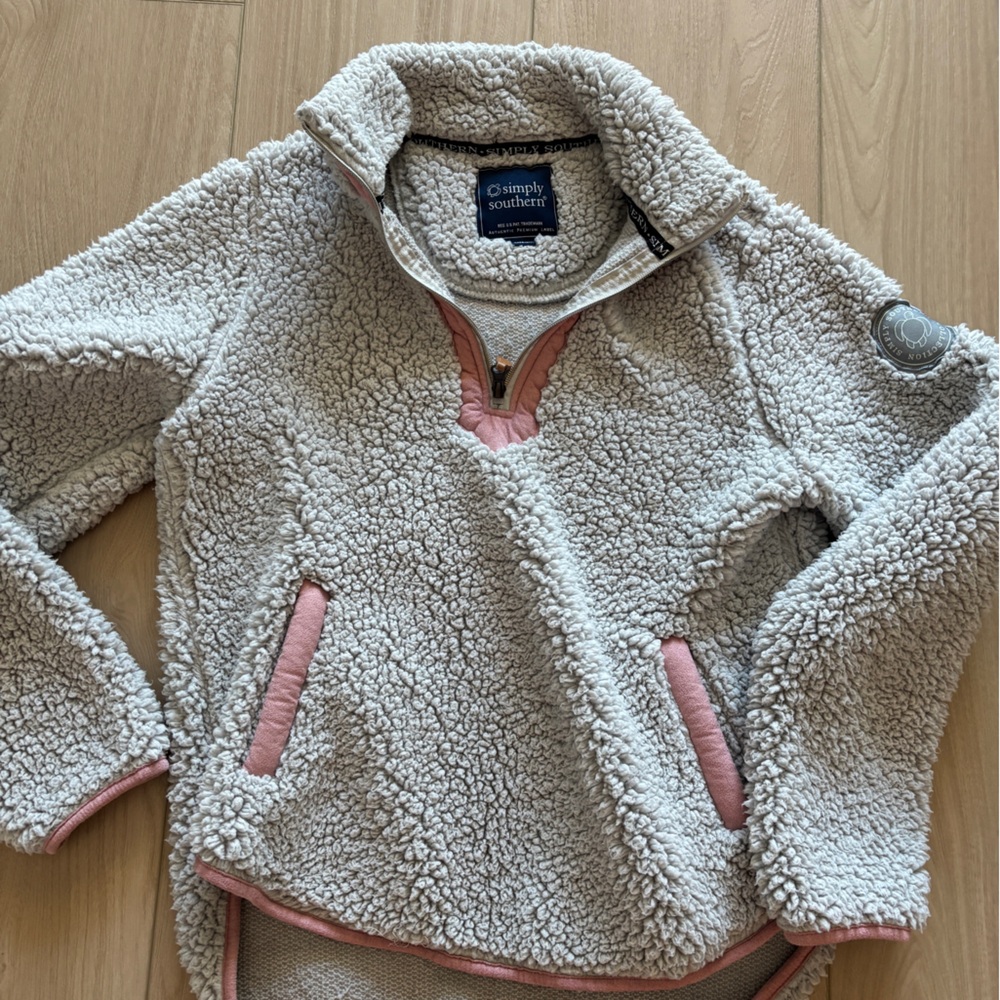 Simply Southern Cream Sherpa Quarter-Zip with Pink Trim